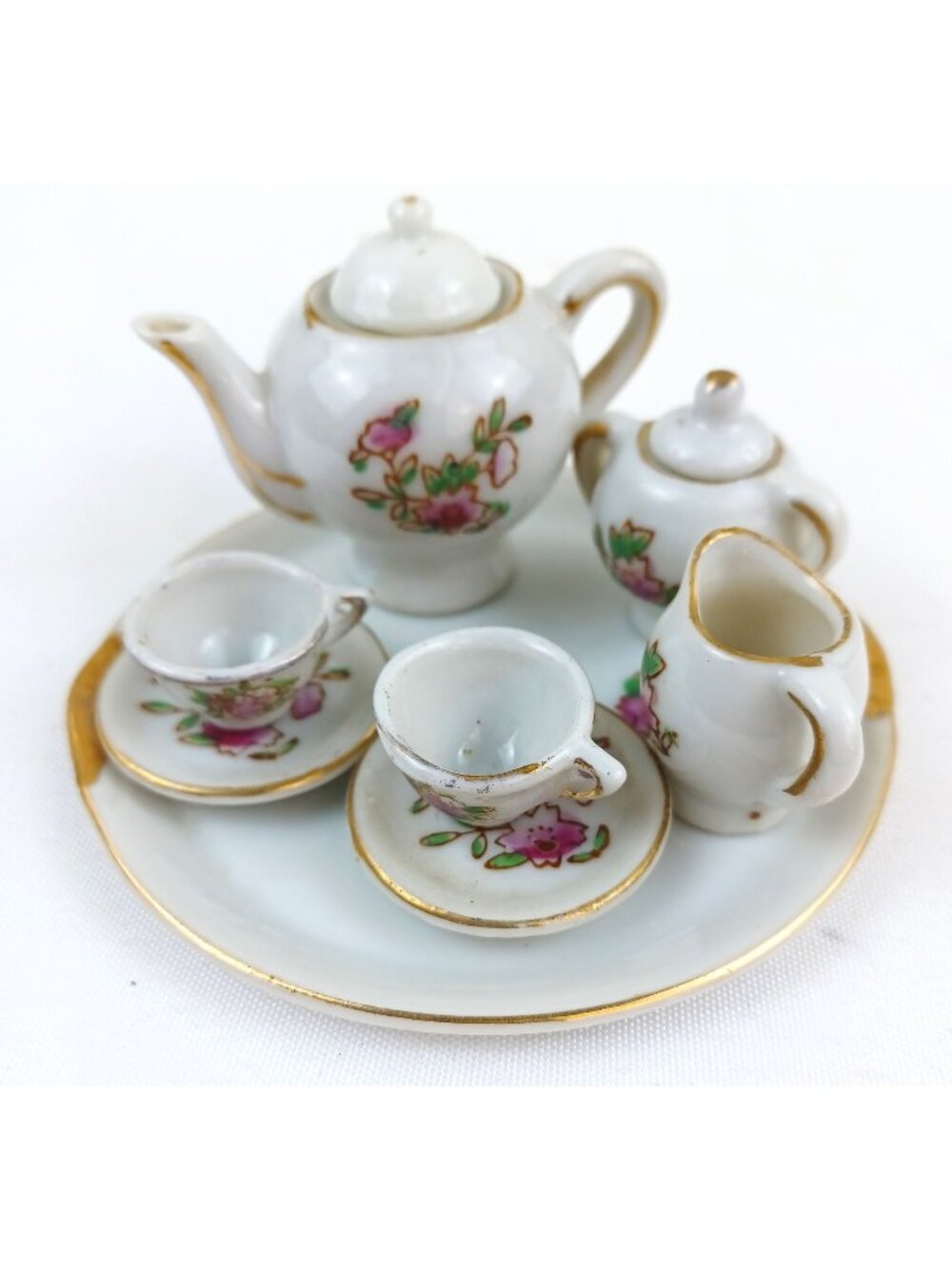 Vintage Mini Tea Set Japan Pink Floral Gold Trim Teapot Cups Tray Dollhouse